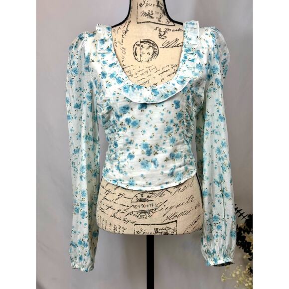 Free People Another Life Top White Combo Blue Floral Print L - Picture 11 of 16